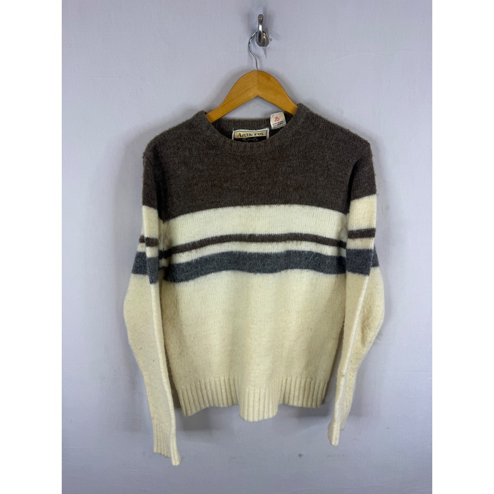 Vintage Arctic Fox Striped Wool Blend Crewneck Sweater Brown Cream Mens Medium